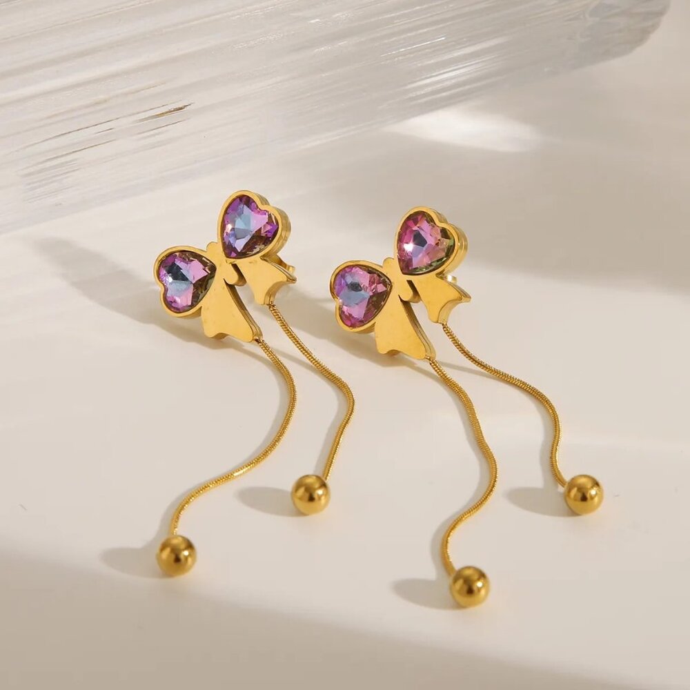 Pink Lemonade Jewelry 18K Gold Dipped Purple CZ Set In French Style Bow Earrings